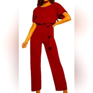 Happy Sailed Short Sleeve Belted Wide Leg Pant Romper Jumpsuit Red Women’s Small